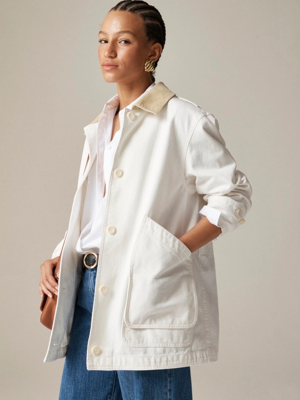 J. Crew Off-White Utility Jacket with Tan Corduroy Collar